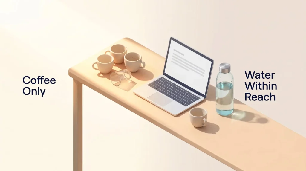 Workplace Hydration Water Within Reach Desk with three coffee cups and a tipped empty glass next to a full glass water bottle kept within reach of the laptop