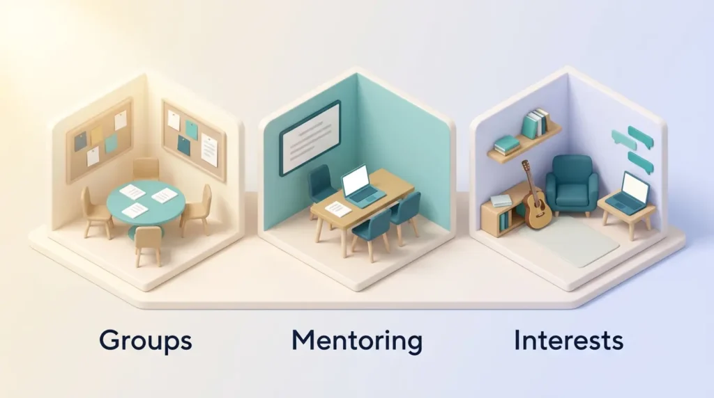 Ways to Build Workplace Belonging Three small rooms on one base for workplace belonging: resource groups at a round table, a mentoring desk and a cozy corner for shared interests