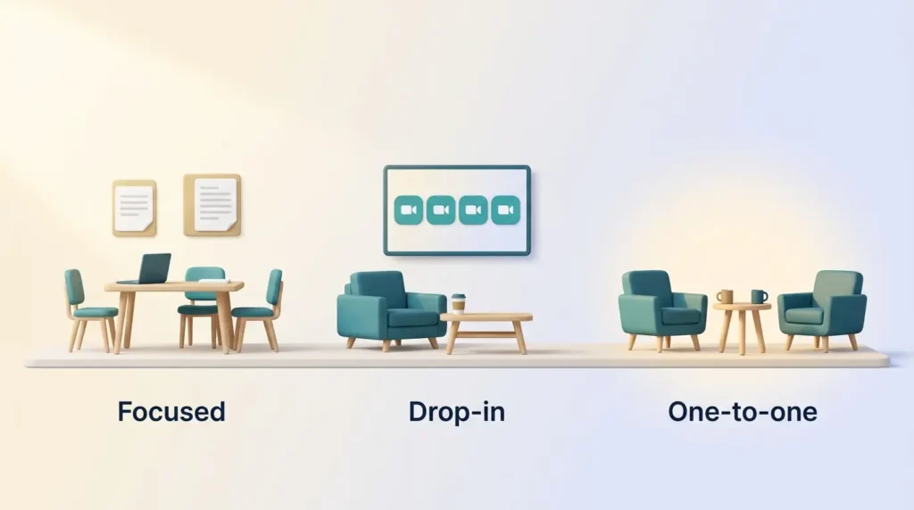 Three Contact Types for Remote Teams Workplace loneliness strategy shown as three contact types: a focused meeting table, a drop-in video call lounge and two armchairs for one-to-one talks
