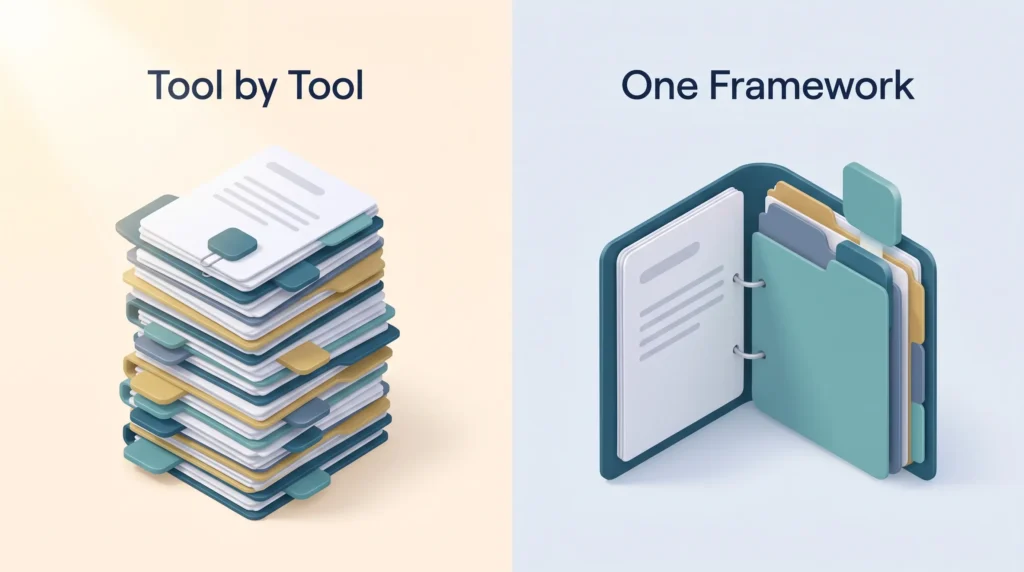 A tall stack of separate tool files next to one ring binder with tiered dividers, showing a works council AI agreement replacing tool by tool talks