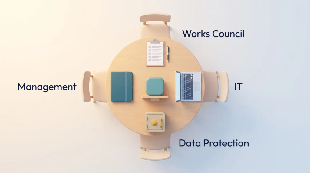 Round table where management, works council, IT and data protection review one proposed AI tool together before it is selected