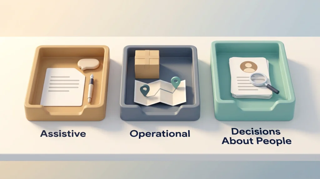 Works councils AI categories: assistive, operational and decisions about people sorted into three trays, the last under a magnifier