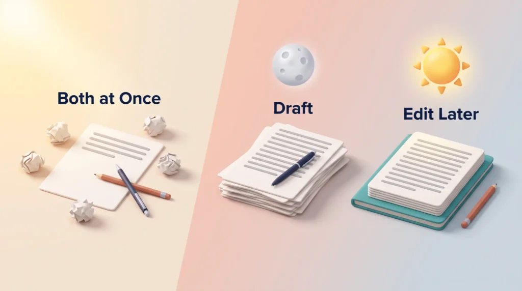 Draft First Then Edit Later Comparison of drafting and editing both at once versus a first draft written at night and edited later in daylight
