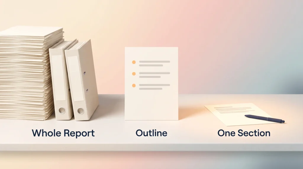 Writing Faster Outline to One Section Writing faster with a draft-first approach: a whole report stack, a three point outline and one section with a pen on a desk