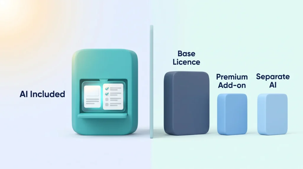 AI Features Bundled Versus Add-ons Zoom Workplace with AI included in one licence, compared with a Teams base licence plus a premium add-on and separately priced AI.