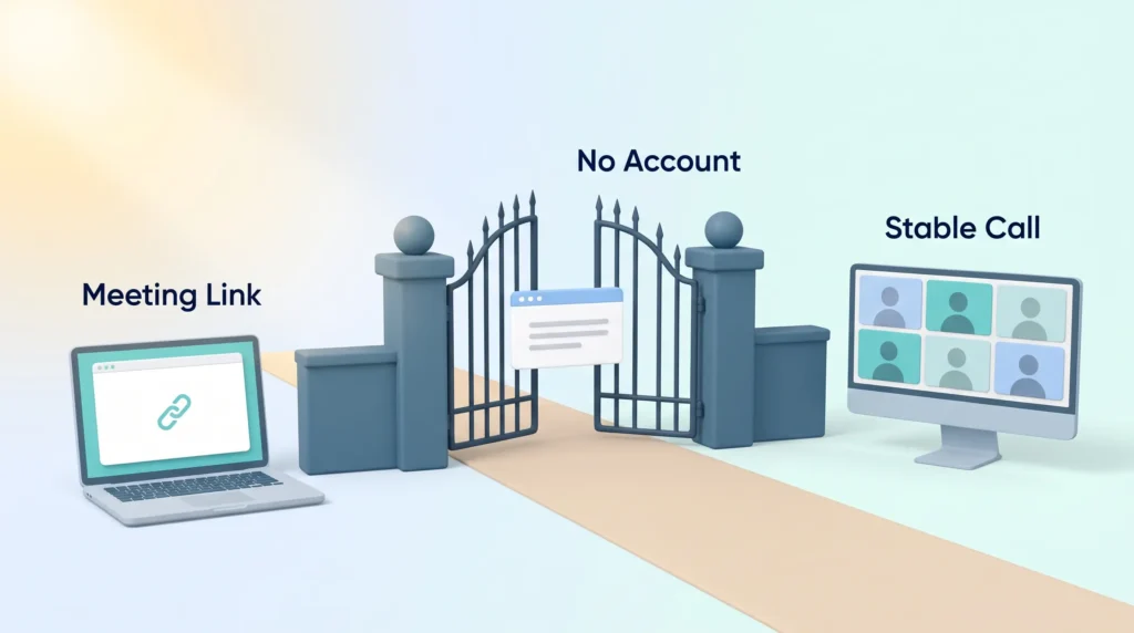 Zoom Guest Access Without an Account Zoom vs Microsoft Teams guest flow: a meeting link opens in the browser, guests pass an open gate with no account and join a stable call.