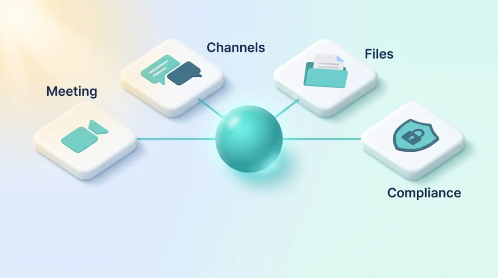 Microsoft 365 Hub for Teams Microsoft 365 hub linking meeting, channels, files and compliance, showing why Teams fits organisations already on Microsoft 365.